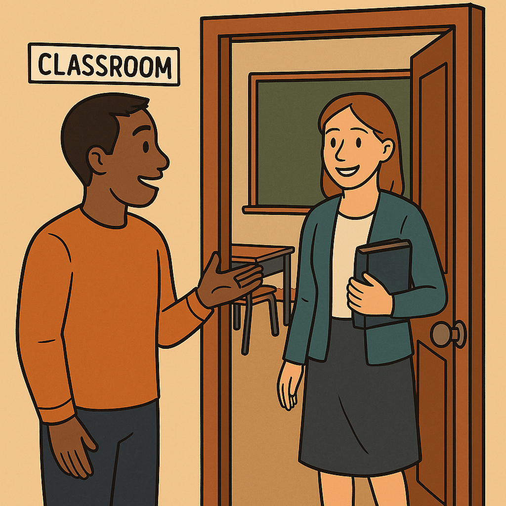 student allowing a teacher to enter the room first