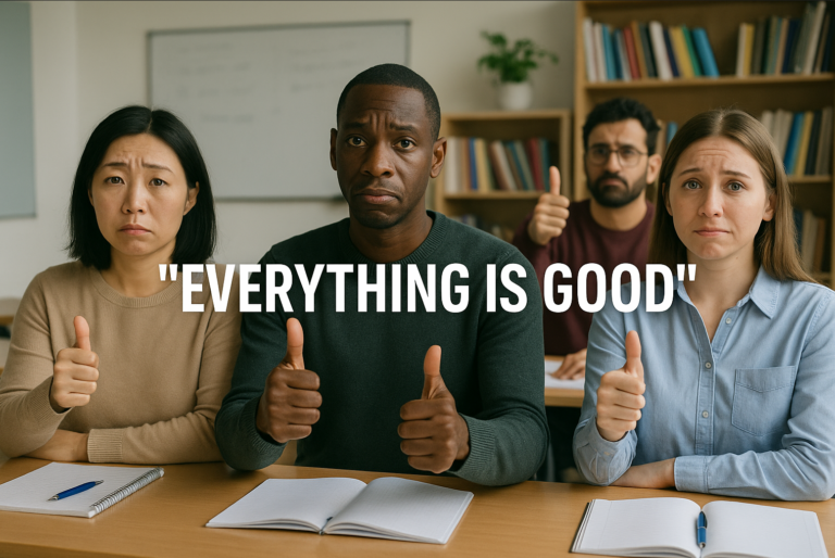 students in class saying everything is good, but not looking happy