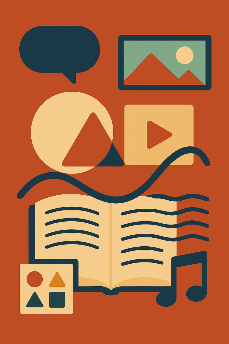 a picture of screens, sound symbols, books to represent multimodality