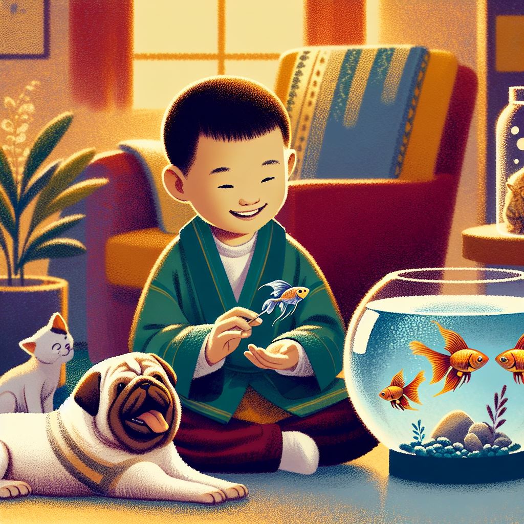 a boy with a cat, dog and fish bowl, one fish is flying out of his hand