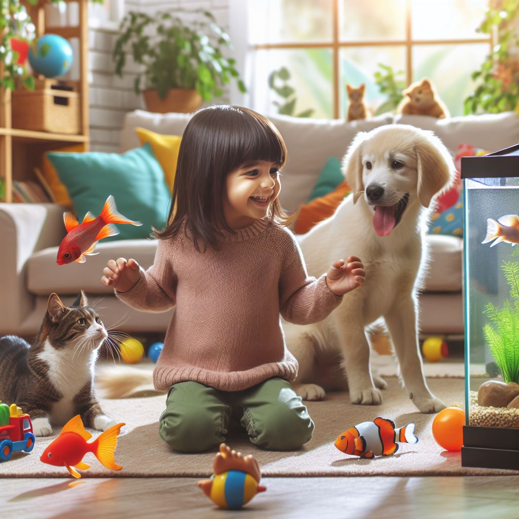 a girl playing with a dog and cat and fish are flying around out of the tank, two strange cats in the background