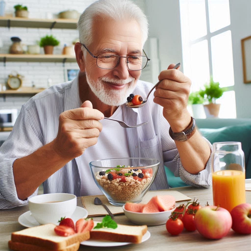 a man eating breakfast with a spoon and a fork an odd pink food in a white bowl