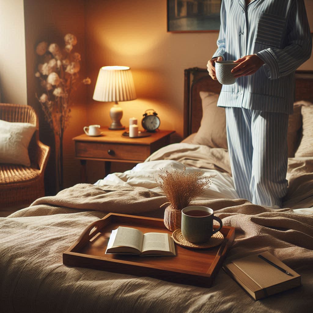 someone standing on a bed but sunken in almost up to their knees 3 mugs of tea in the picture