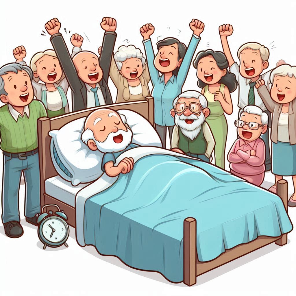 cartoon of an elderly man in bed, friends and family are surrounding him cheering him on and a clock is beside the bed