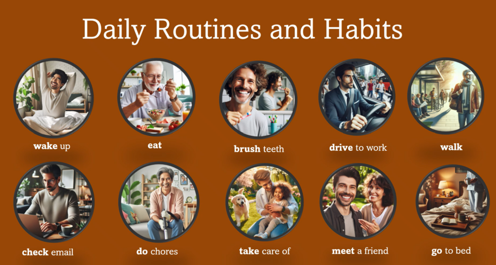 Screen shot of daily routines and habits power point slide - too many routines, picture are too small.